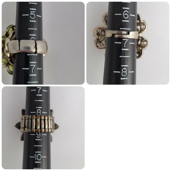 Flower Fashion Adjustable Rings Lot of 3 Rhinestone Faux Pearl Green Silver Tone - Picture 11 of 11